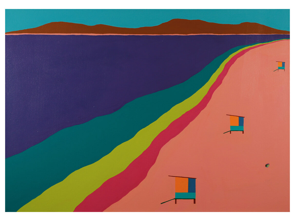 Santa Monica (North), 2025, acrylic on canvas, 30" x 42" Painting of Santa Monica Beach, looking North from just north of the Santa Monica Pier. Painting is rendered using a color-field, simplified style.