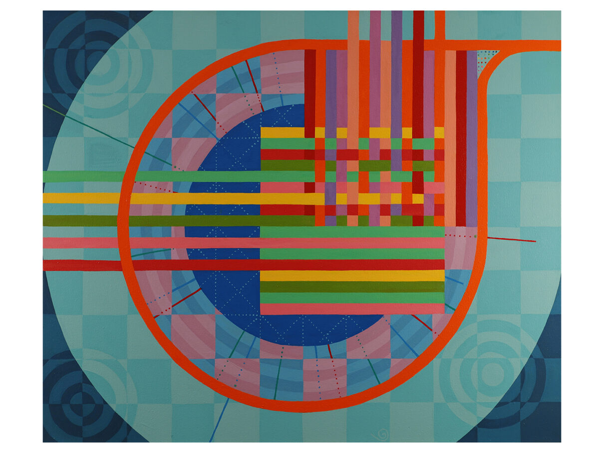 Semifinals (Round 2), 2025, acrylic on canvas, 30" x 36" (SOLD). Painting is centered on a crosshatch of colored lines, circled by a bright orange stripe. Background is patterned in squares of different shades of aqua and blue.