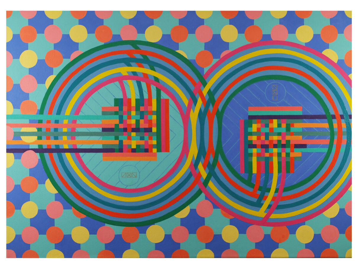 Semifinals (Round 3, Doubleheader), 2025, acrylic on canvas, 30" x 42". Painting has two sets of five interconnected circles, with each set containing lines that intersect forming crosshatch patterns. Background contains repeating circles hovering over a checkerboard pattern. The painting is multicored with strong hues of turquoise, blue, pink, orange and yellow.