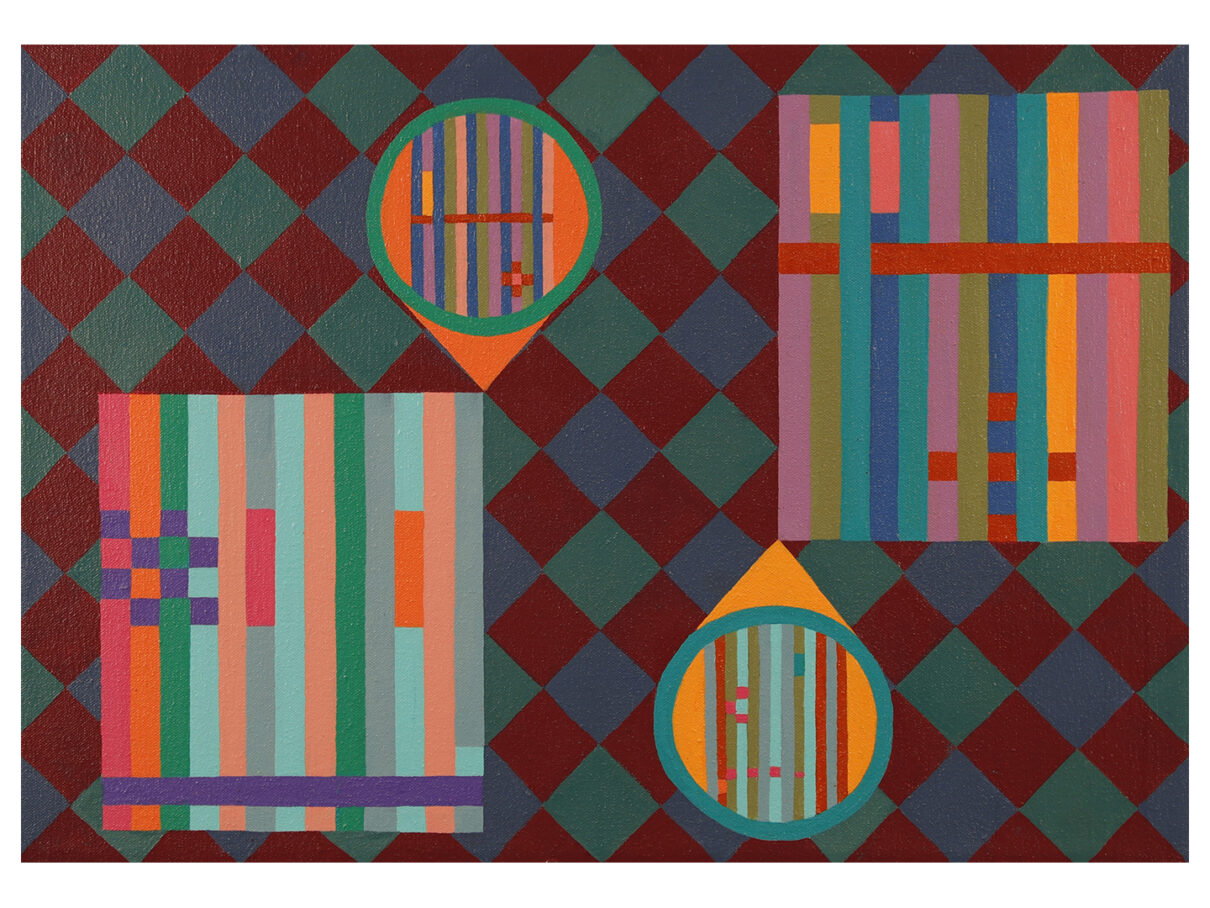 Two linear blocks of color with projection bubbles that try to depict the other block of color using smaller blocks of color that project from the main blocks. The depiction of each smaller block is partially accurate.