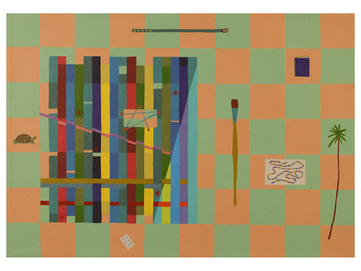 Self-Portrait with Artifacts, 2025, acrylic on canvas, 14" x 20". A block of lines in varied colors at the left side of the painting is surrounded by seven objects--a tomtits, belt, brush, lego piece, candy land board and palm tree on a coral and light turquoise checkered background.