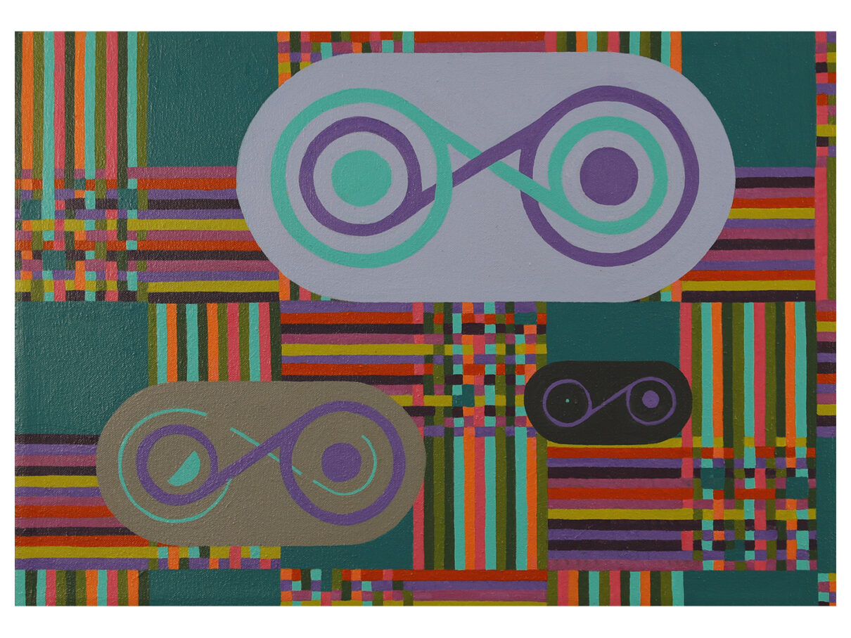 Loss, 2025, acrylic on canvas, 14" X 20". Three icons showing progressive depletion of an aqua line, framed by a background of intersecting lines and dark teal squares.