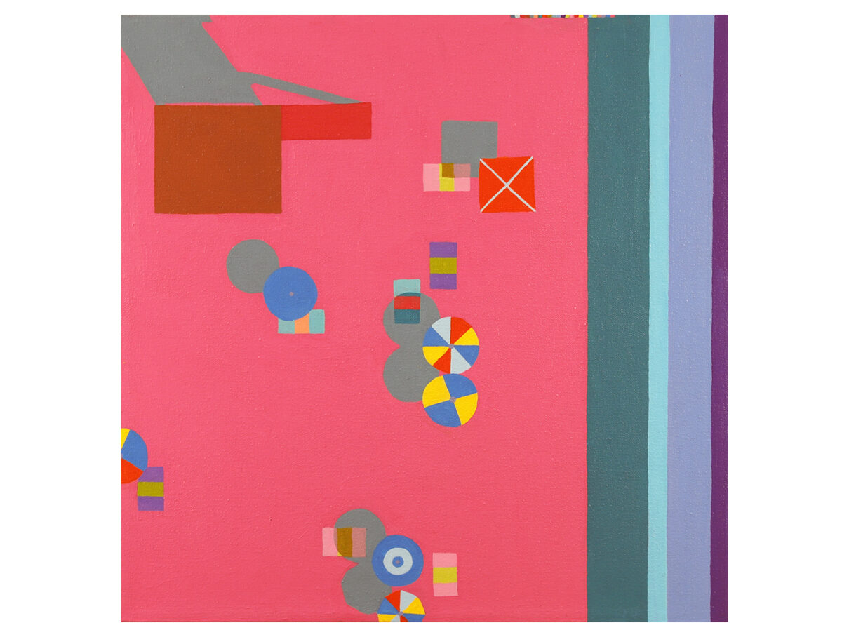 A bright pink beach is dotted with umbrellas and towels, some partially shadowed. Ocean is represented by 4 color bands on the right side.