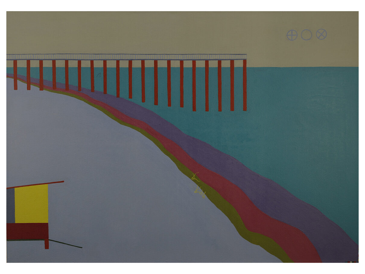 The beach and ocean are dark on an overcast cold day. A lifeguard station stands on the left side of the painting with a pier in the background.