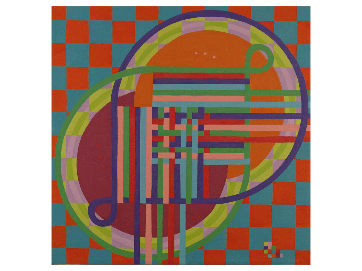 Two sets of color bands intertwine, enclosed by circles on a bright checkered background of teal and orange.