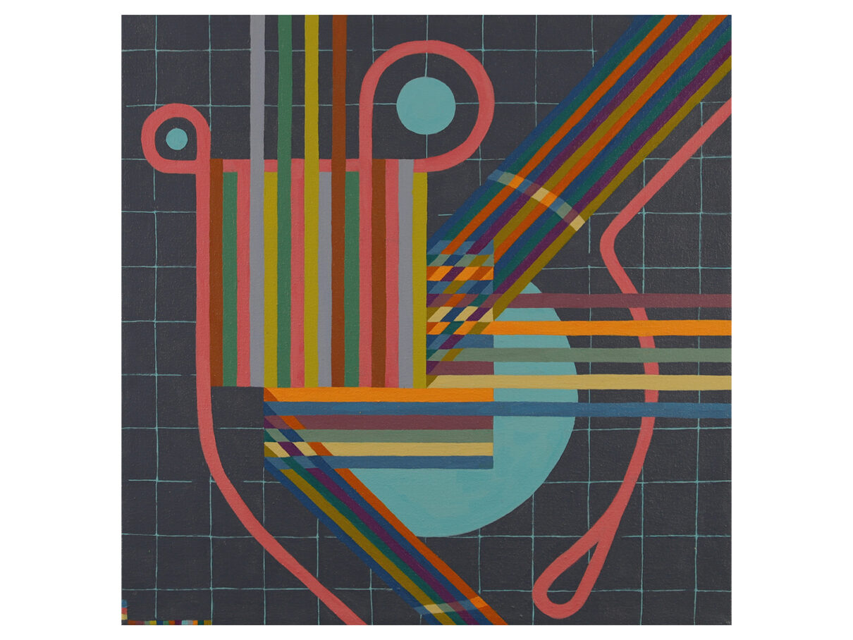 On a dark grid with teal dividing lines, one color block of stripes stands alone with lines from another color block bounding off it.